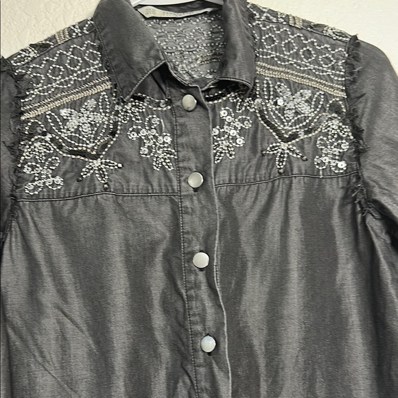 Zara Grey Embroidered Button-Up Shirt XS - Picture 7 of 7